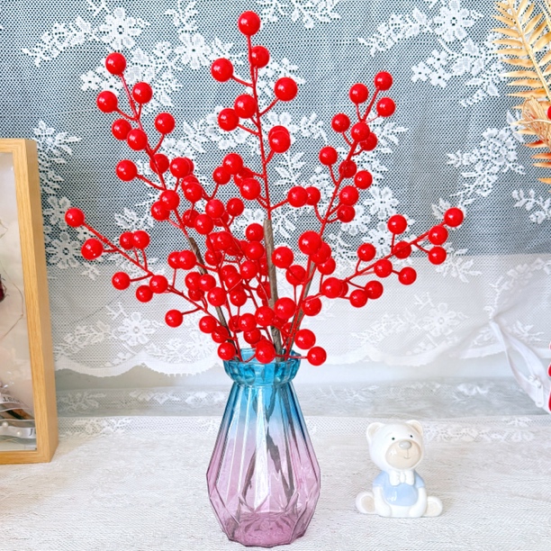 透明玻璃创意花瓶喜庆红果干花客厅摆件北欧简约风格年宵花发财果