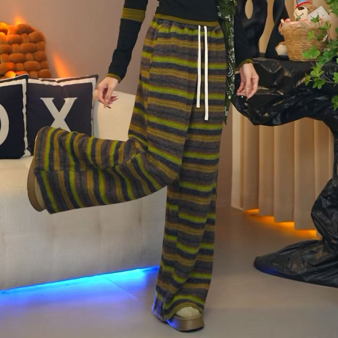 笑歌【绿色冬季加厚保暖条纹拼接直筒休闲裤】冬季新款保暖休闲裤