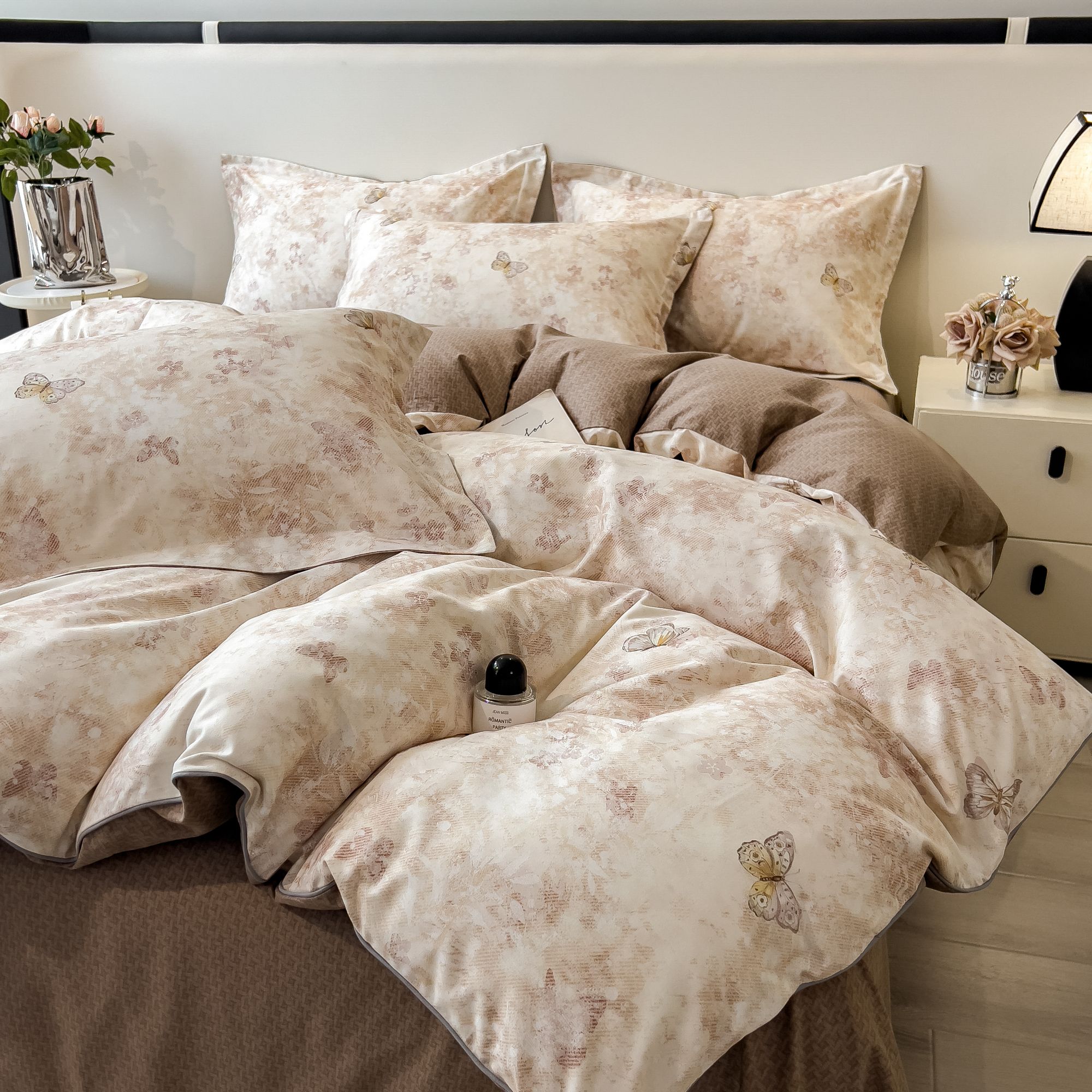 【蝶舞飞扬-咖】天丝棉磨毛数码印花四件套秋冬保暖柔软亲肤套件