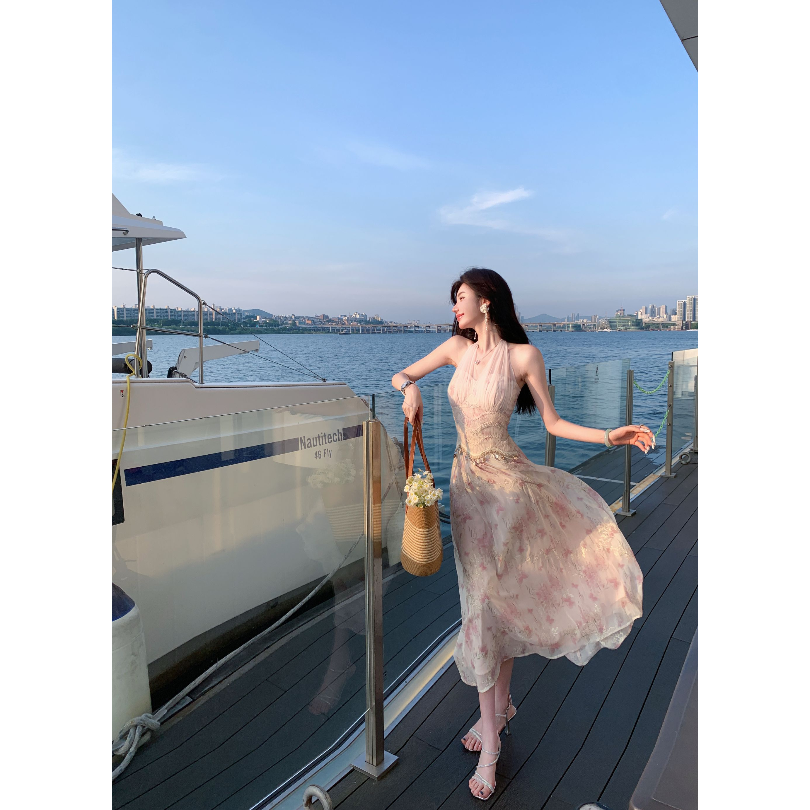 【雅乔定制】生如夏花 刺绣雪纺印花网纱挂脖连衣裙DYLL-25036729