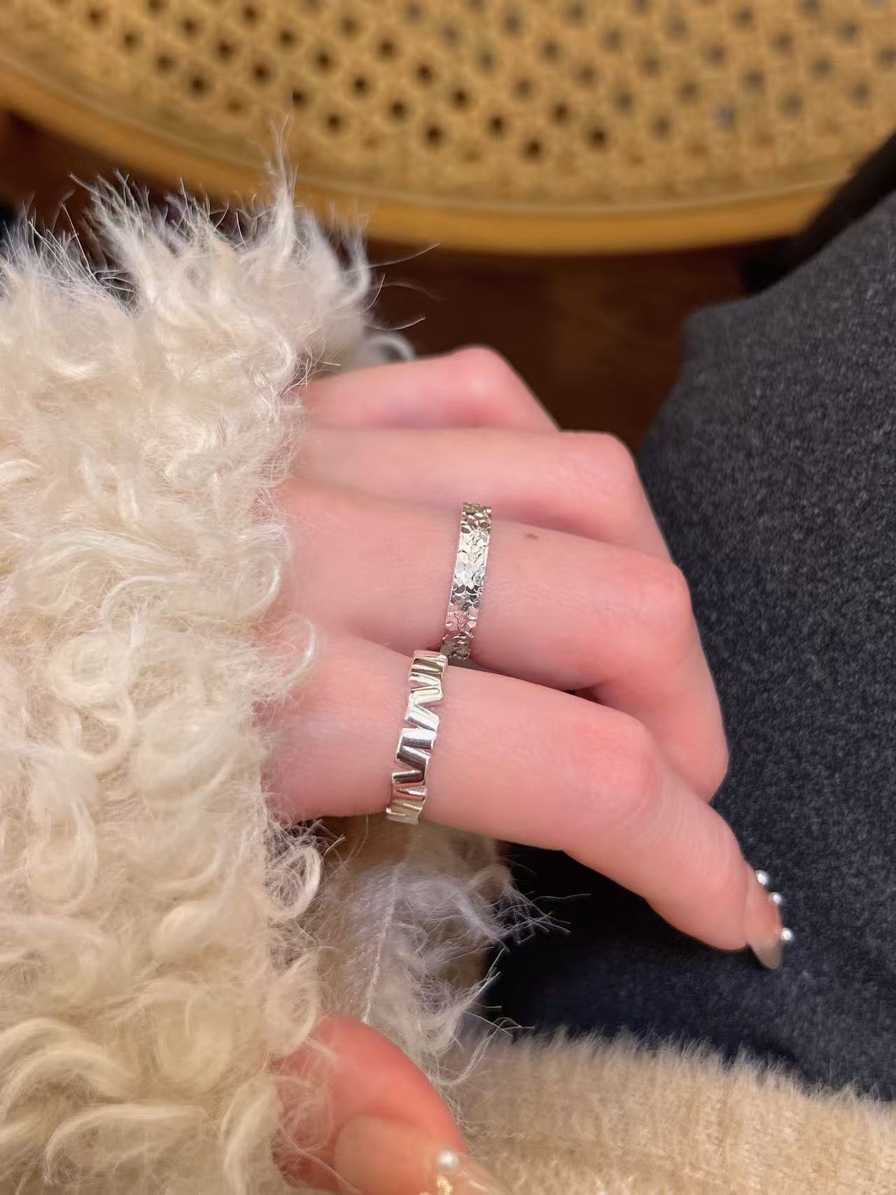 足银戒指 情侣足银戒指足银【碎冰冰】开口戒指简约极限银饰气质