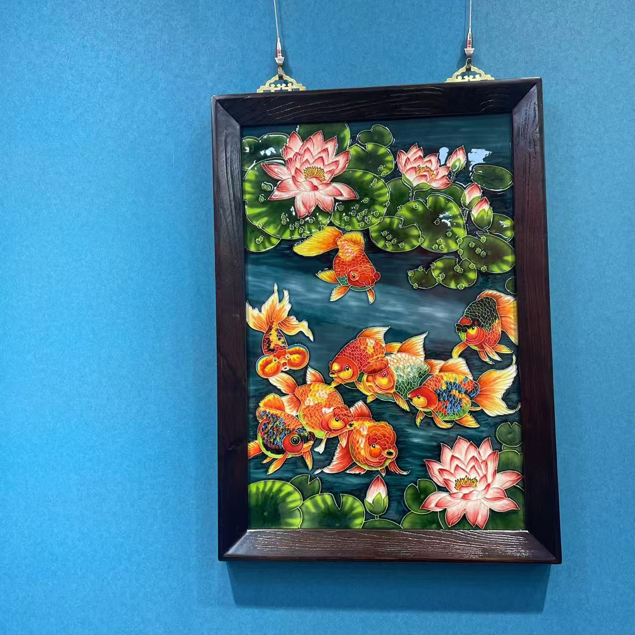 新年九鱼图长方形新中式卧室大挂画精美瓷板画陶瓷工艺品彩绘金鱼