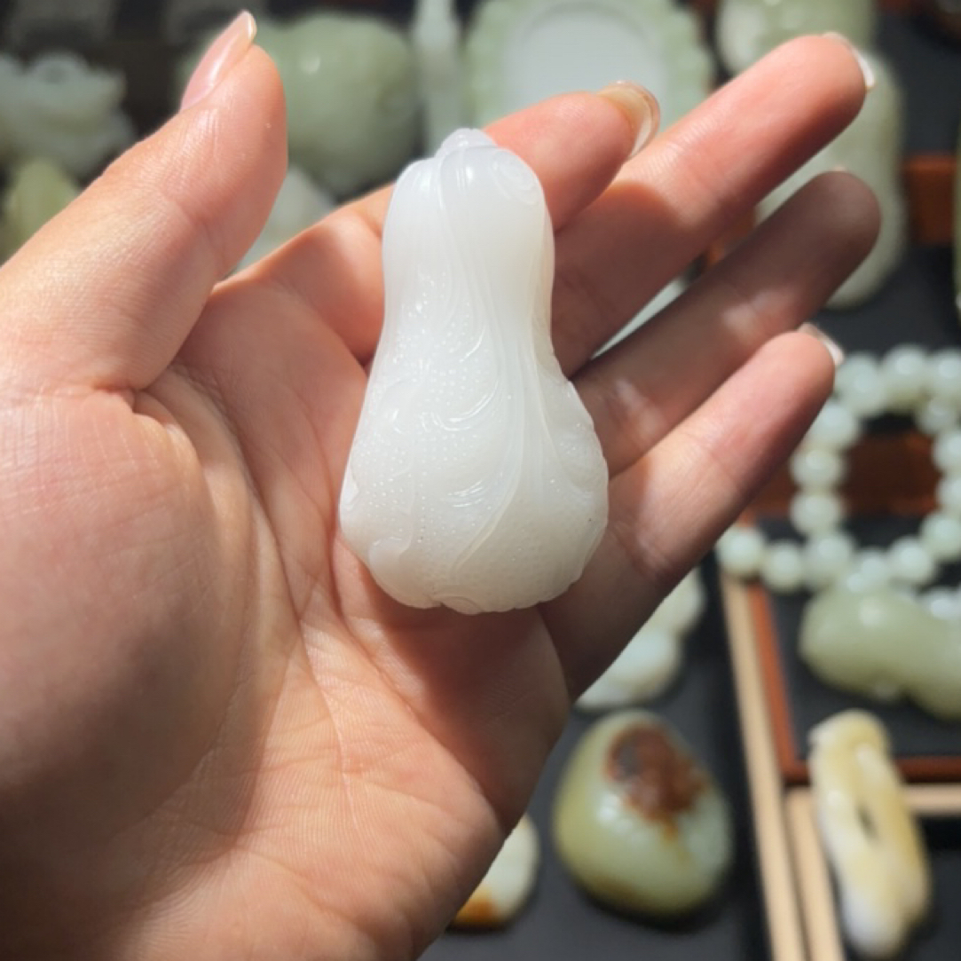和田玉手工雕刻白菜手把