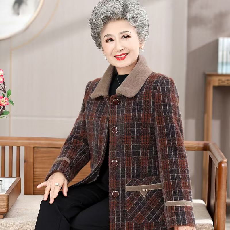 11857-气质奶奶秋冬装外套中老年人女装格子上衣妈妈外套【D仓东】