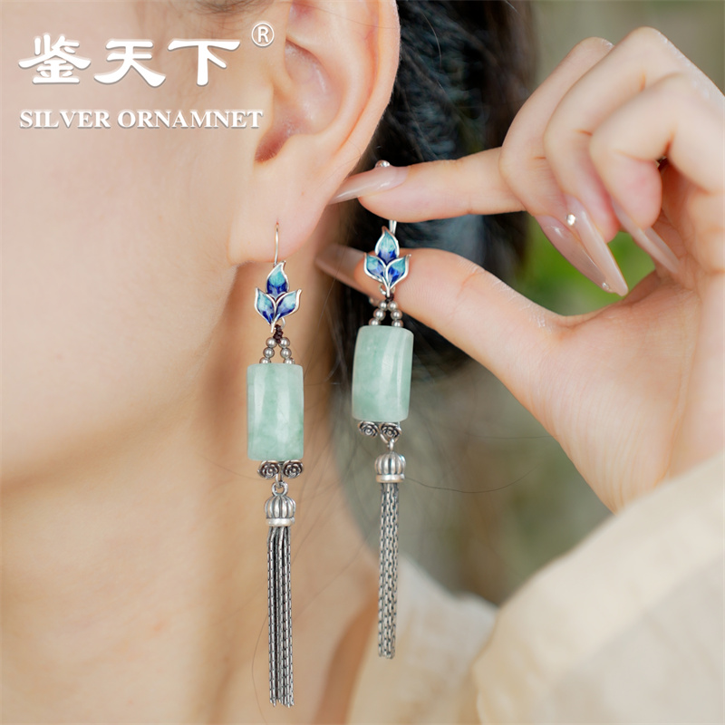 珐琅彩三叶草翡翠流苏银耳饰07420074