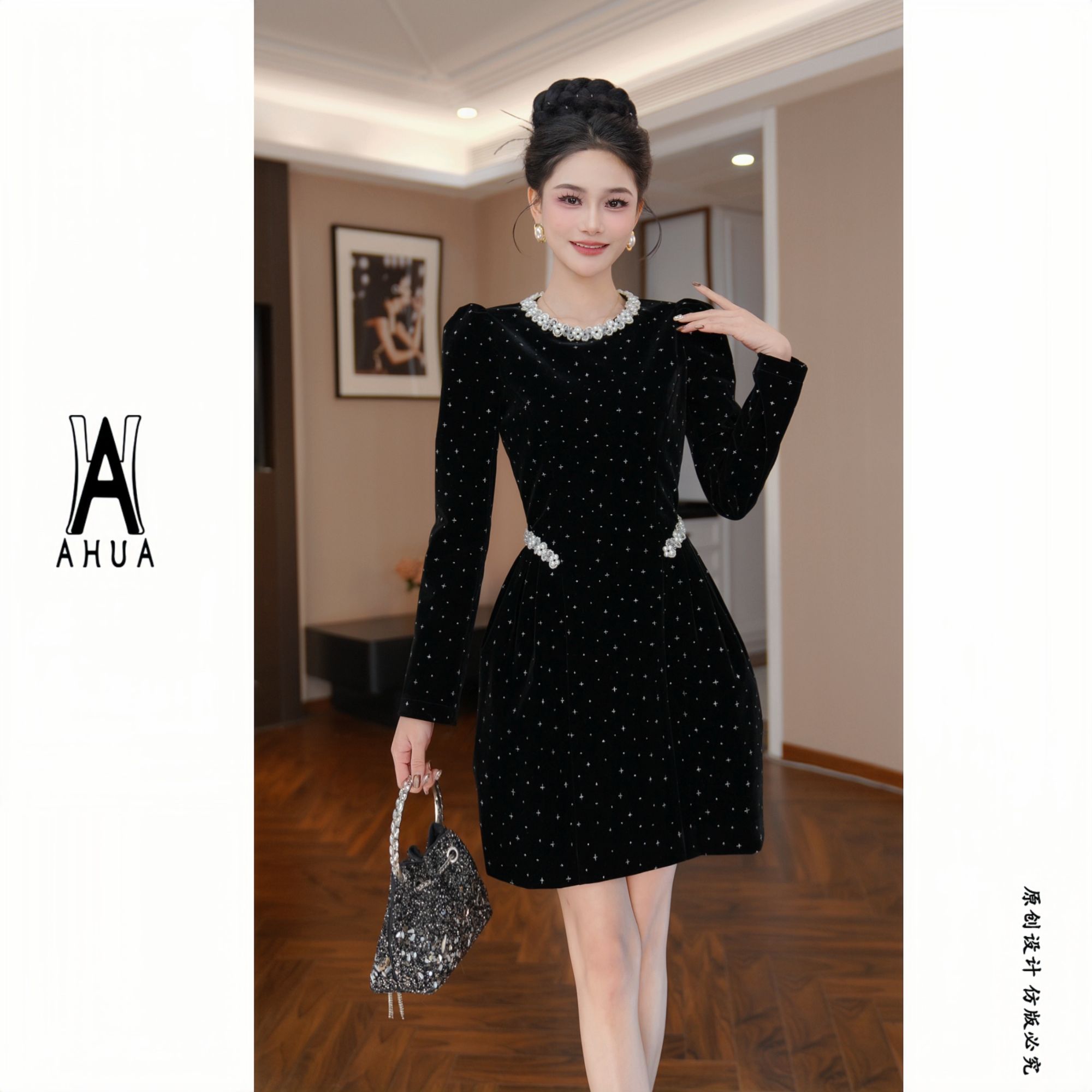 【花花原创】新款时尚气质黑色显瘦法式秋季连衣裙名媛9185