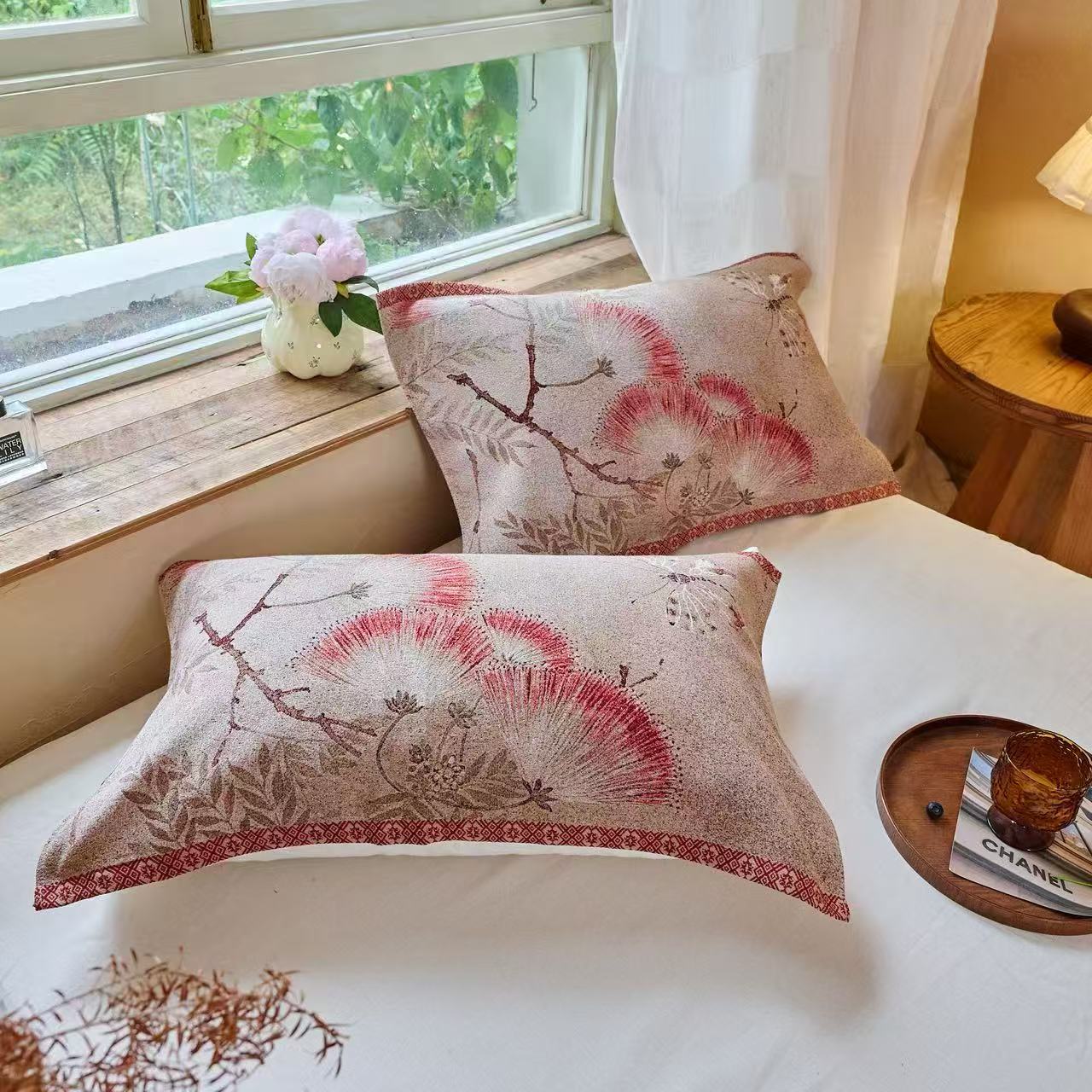 枕巾【清枝合欢】50x78厘米 高端轻奢成人四季加厚加大单人枕巾一对