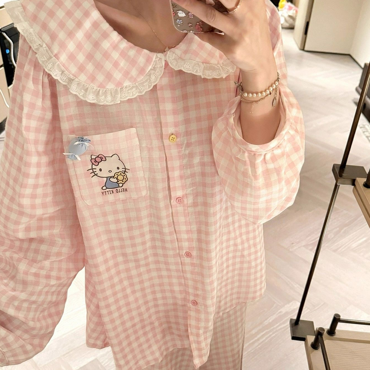 娃娃领甜美粉格春秋长袖可爱甜美少女风睡衣女家居服宽松可外穿