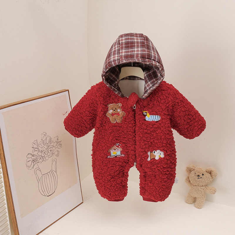 卡通风冬季拉链可爱风羊羔绒刺绣棉连体哈衣爬服婴儿女童秋冬幼儿