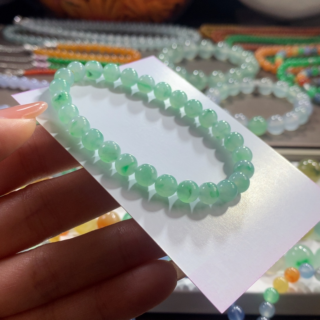 翡翠未镶嵌手链胶润细腻薄荷绿飘花卡6.5