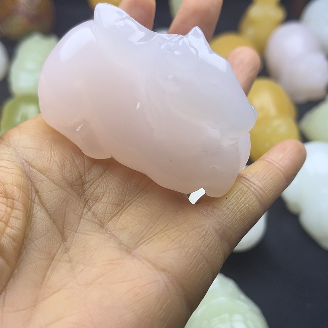 青***痕昆仑玉石手把件碧玺（处理）