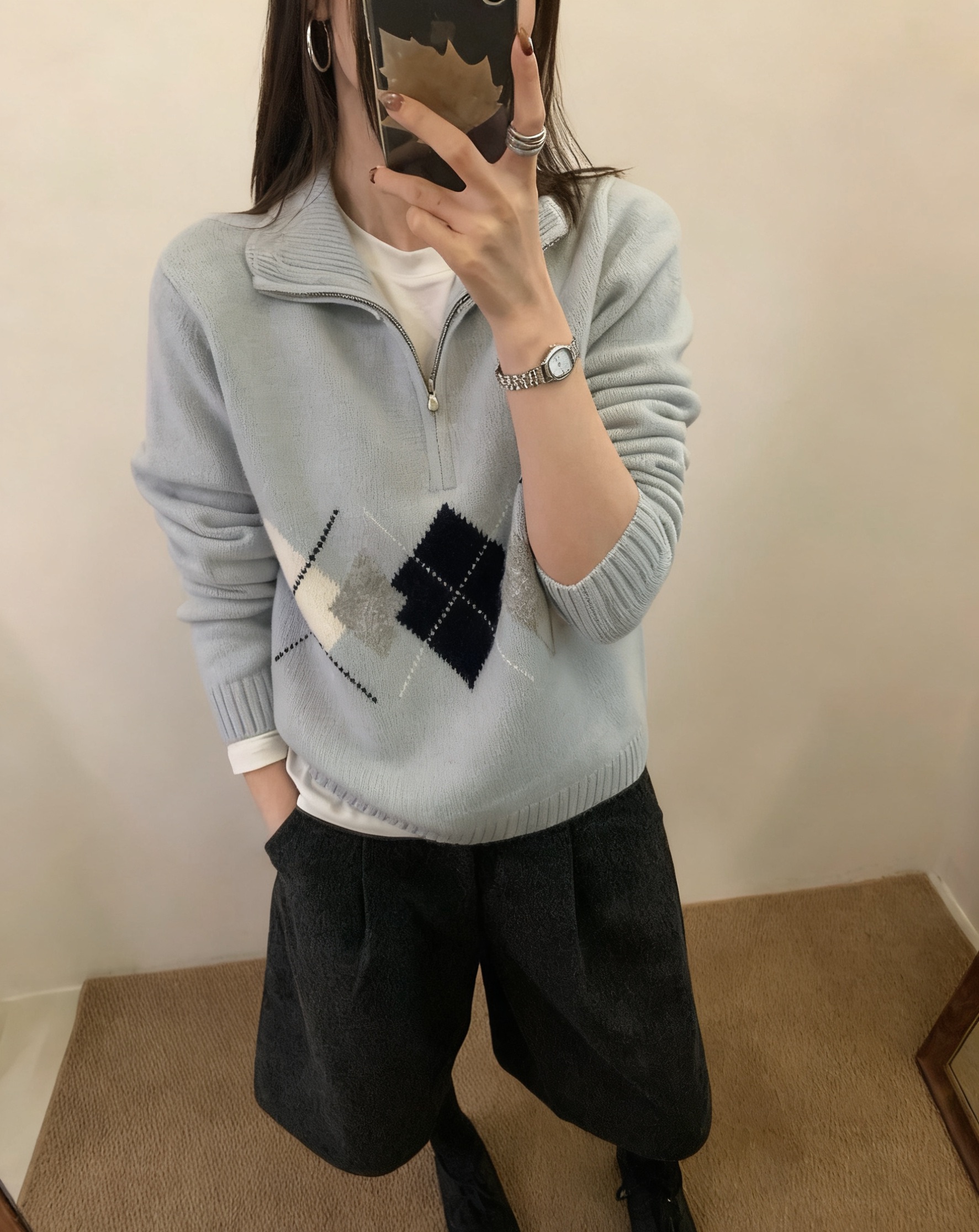 【菱格半拉链】韩系全羊毛菱格系列半拉链立领