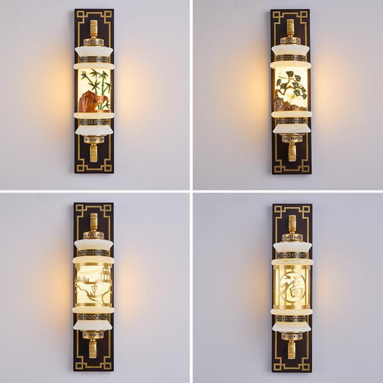全铜实木玉石新中式电视背景墙壁灯房间别墅自建房新款