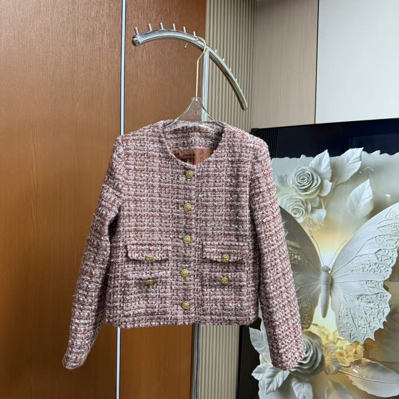 8912#小香风短外套女2025秋冬款红色粗花呢上衣