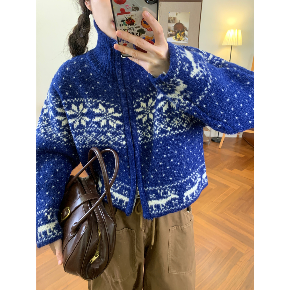 复古巨厚雪花提花针织拉链衫女韩版秋冬新款立领百搭显瘦短款毛衣