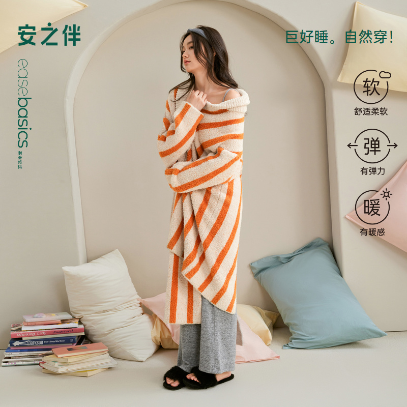 安之伴【巨保暖】半边绒冬季新款睡袍女加绒条纹月子服居家厚款浴袍