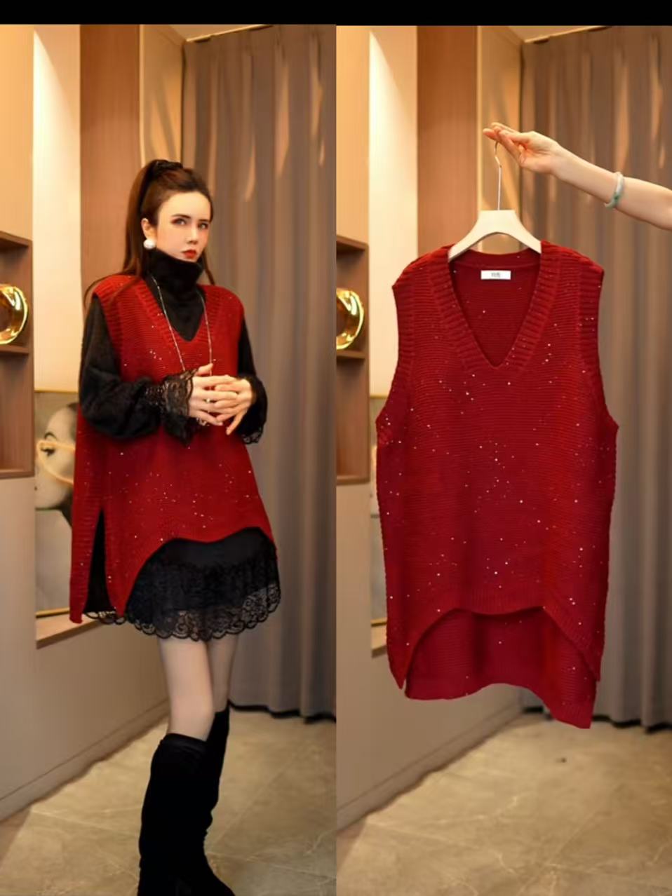 【YB9282#】冬新款V领下摆弧形针织马甲