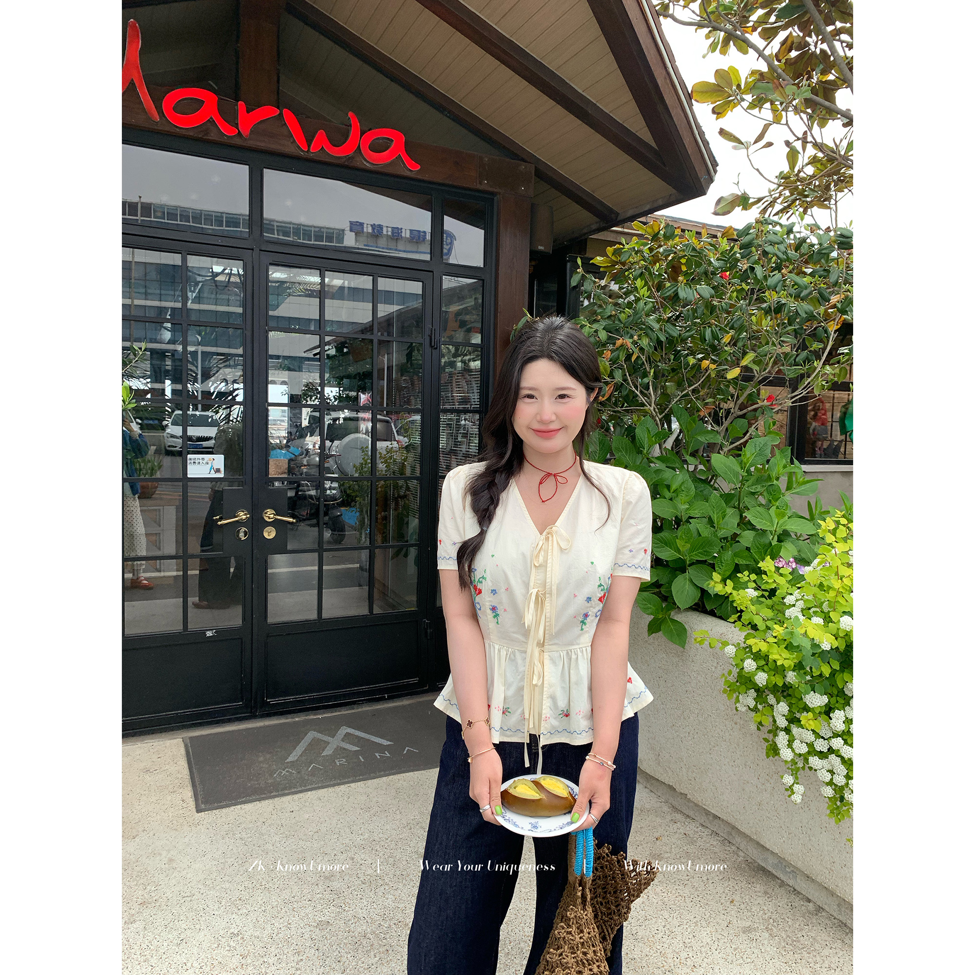 知葵定制【绿野花韵】夏季拼接刺绣少女感上衣衬衫女12251CS2823