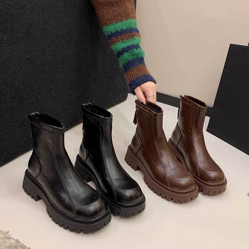 2025年秋冬新款马丁靴复古加绒百搭时尚后拉链短靴短筒切尔西皮靴