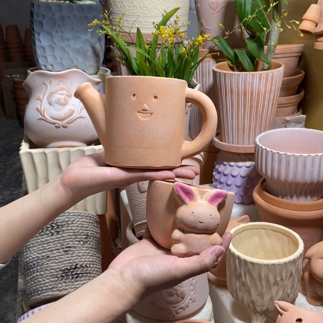 11手工彩绘小兔子+17水壶花盆 粗陶2个