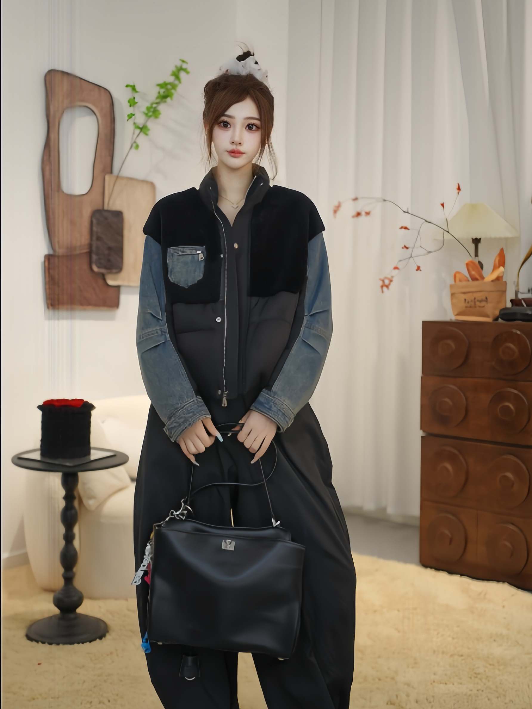 宽松复古方领厚款女装拼色90%白鹅绒常规款女羽绒服黑色冬季