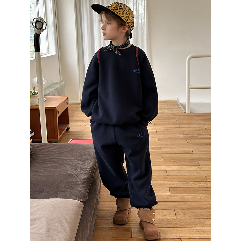 Mast青少年中大童加绒圆领卫衣收口运动裤2025秋冬男女保暖亲子装
