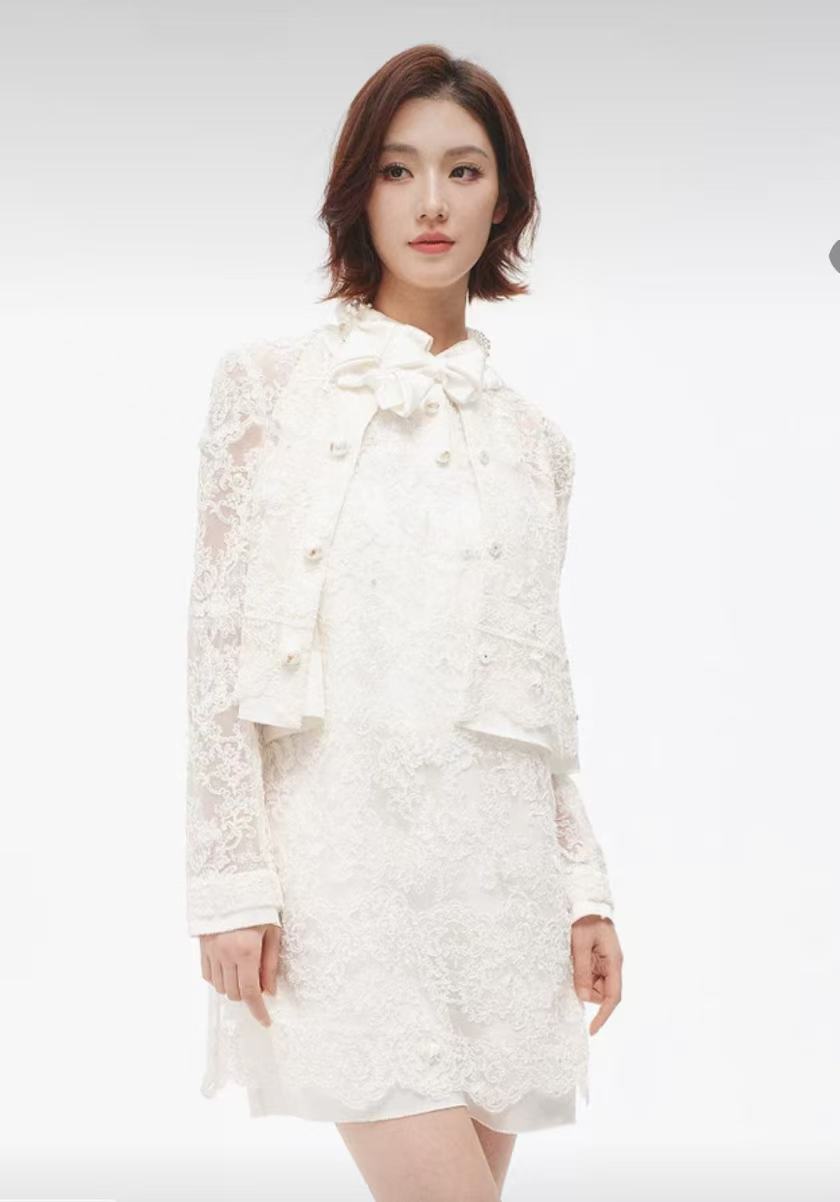 LIULIU 法式千金重工刺绣蕾丝蝴蝶结白色衬衫2025夏气质衬衣套装