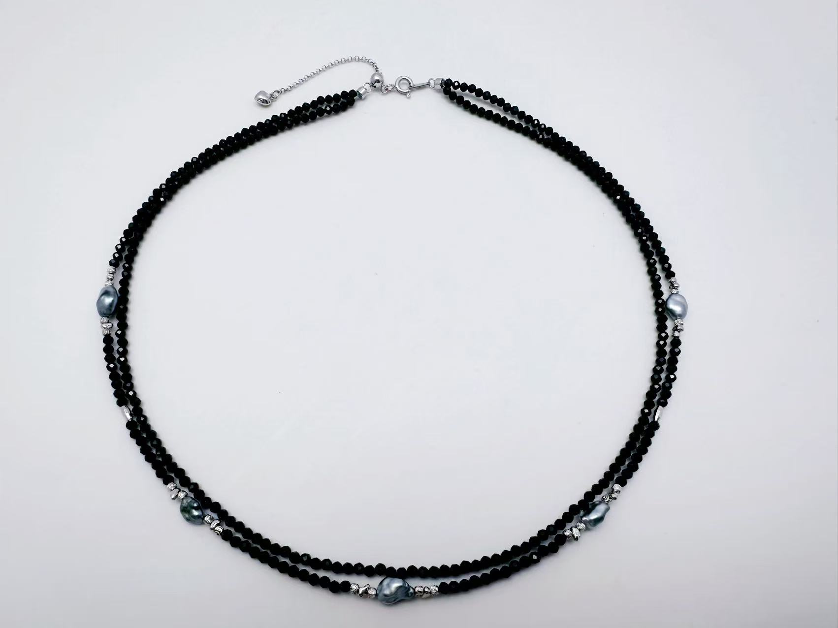 天然海水大溪地珍珠keshi5.5-6.5mm+黑尖晶石+S925银扣头项链小众