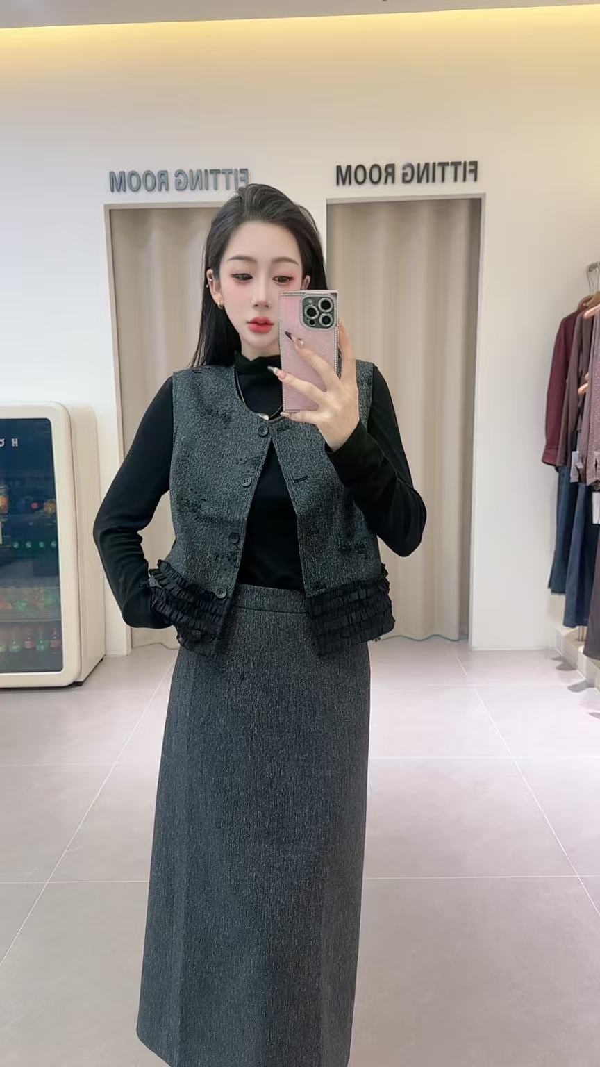 [DARUI]小香风金属扣时尚气质名媛高腰显瘦半身裙马甲三件套5576