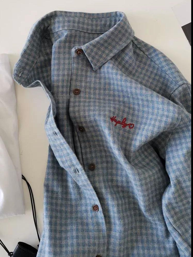 韩系蓝色格子刺绣Polo领衬衫外套女春秋外搭磨毛衬衣宽松翻领上衣