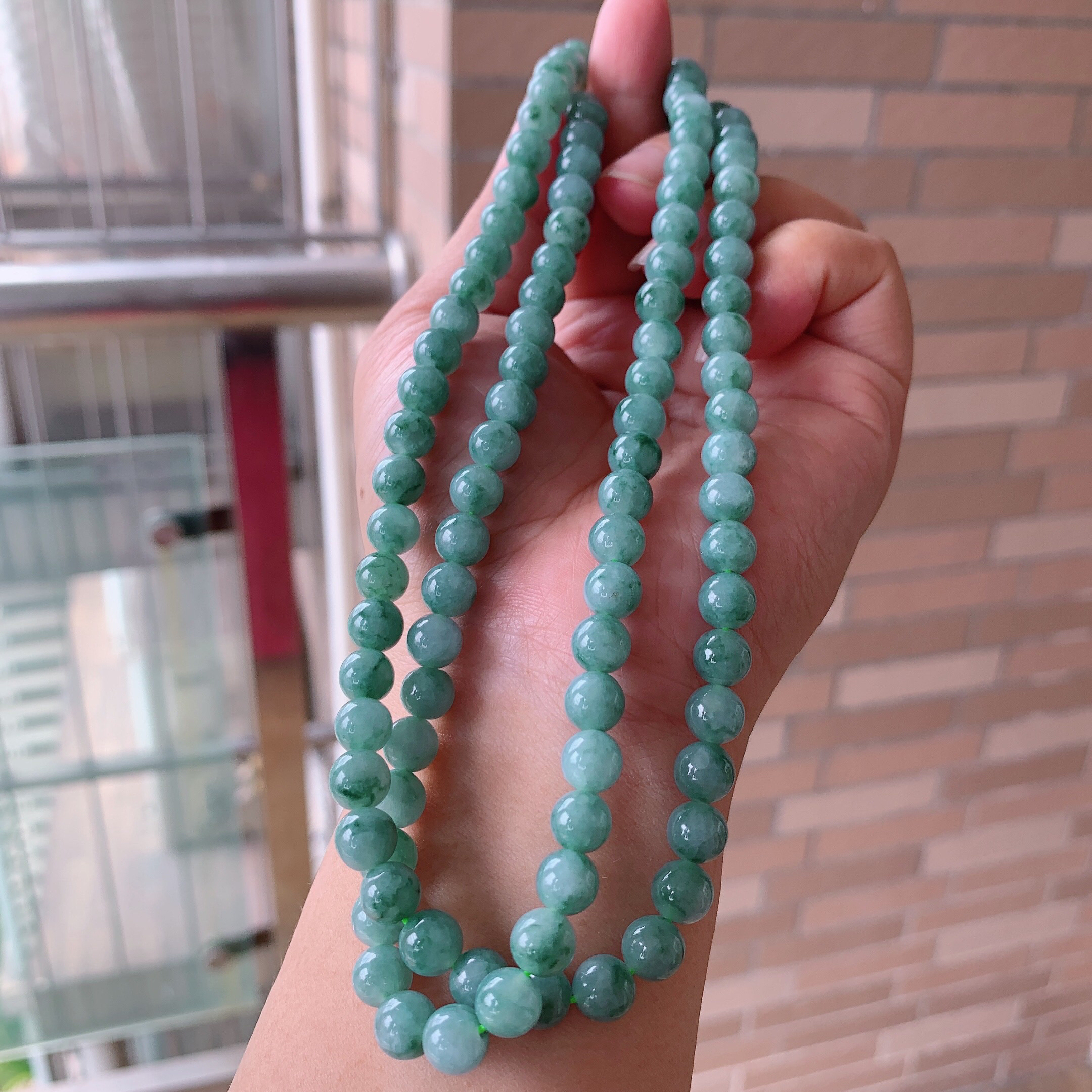 天然翡翠A货冰润满绿满色飘绿飘花圆珠项链珠链卡7.5mm缅甸玉石