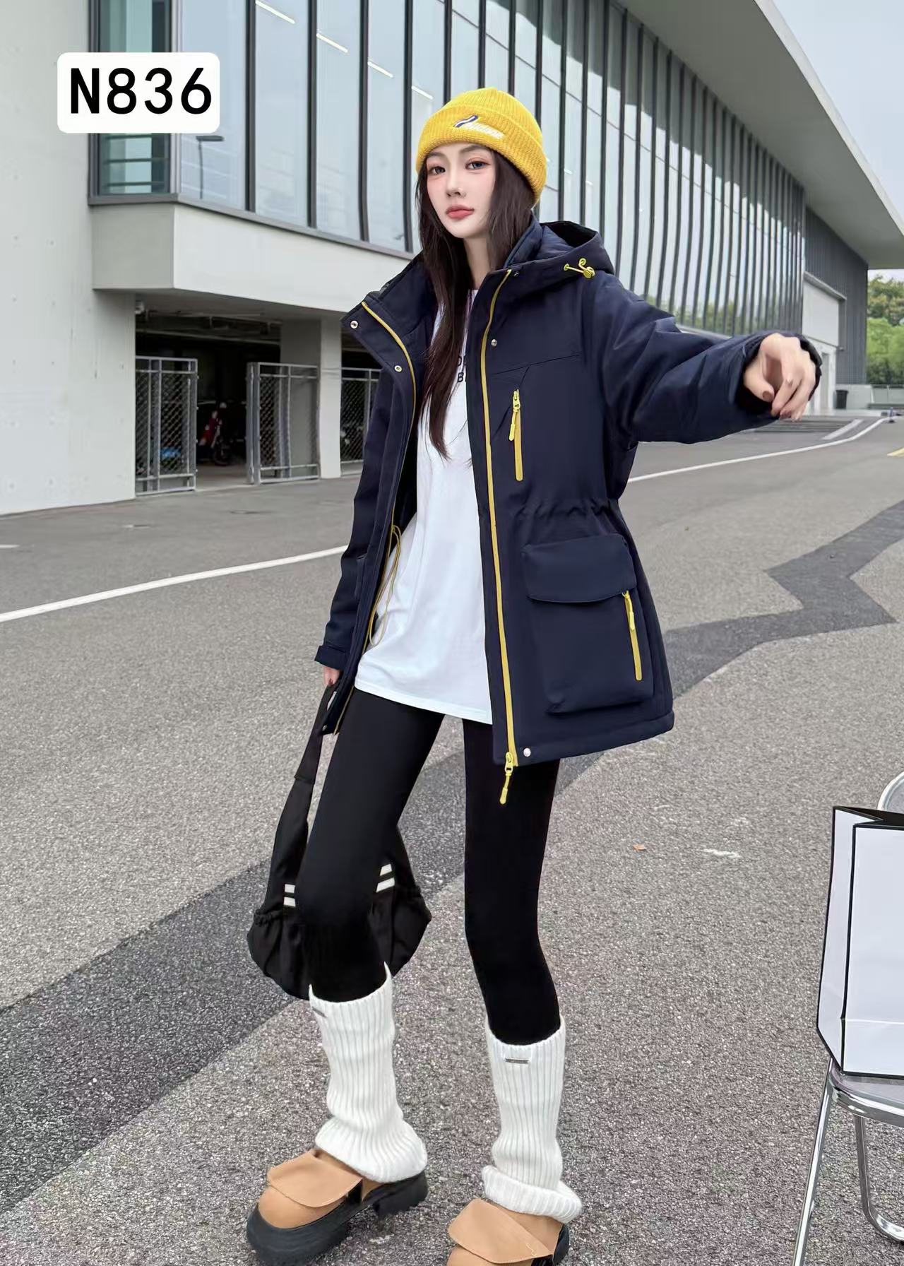 2025女秋冬新时尚百搭宽松抽腰显瘦连帽兔毛内胆派克服中长款外套