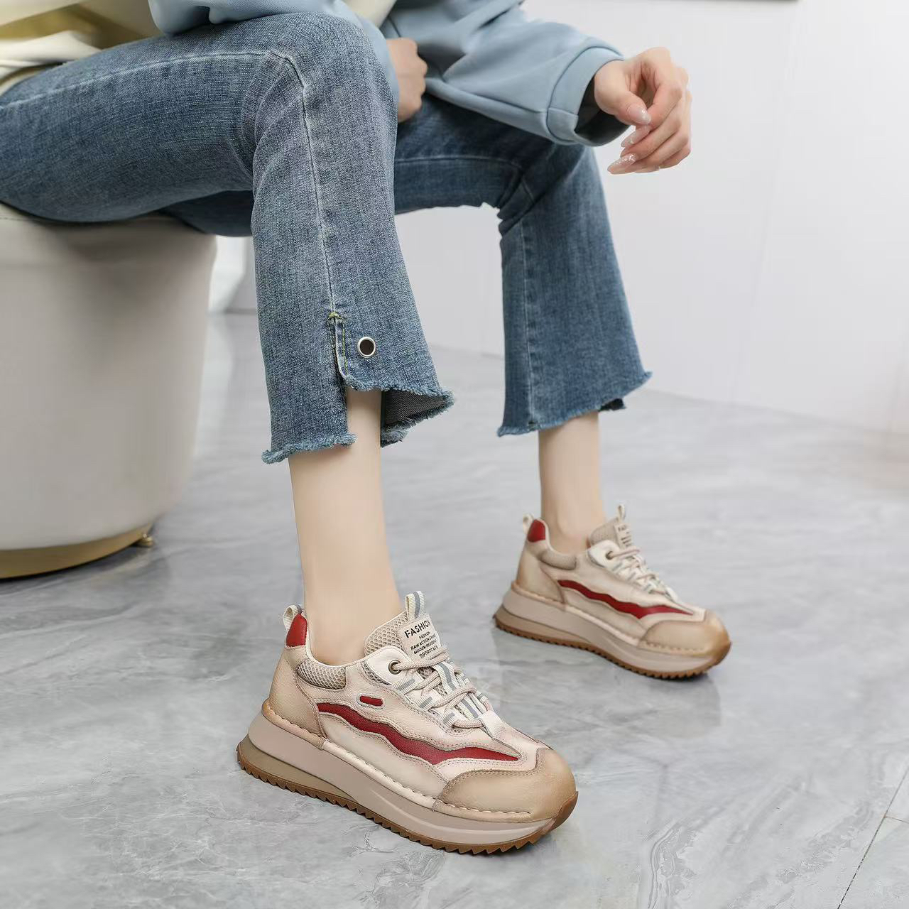 2025春秋真皮彩色老爹鞋女头层牛皮高级感运动休闲鞋厚底女鞋