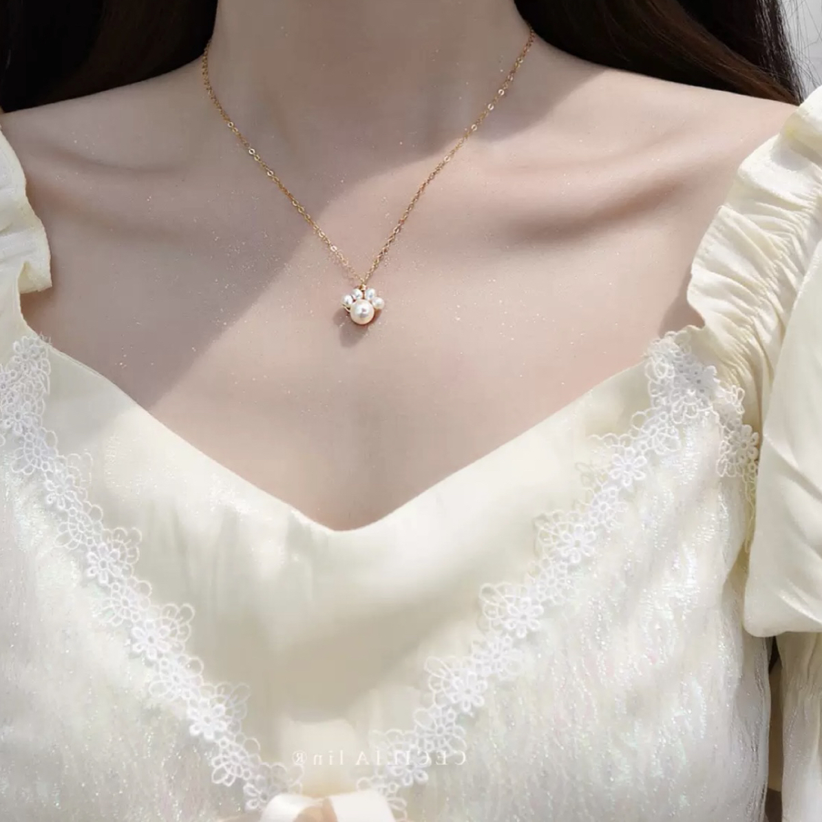 合金贝壳项链 14K包金赵露思同款真珍珠猫抓项链女款超百搭礼物
