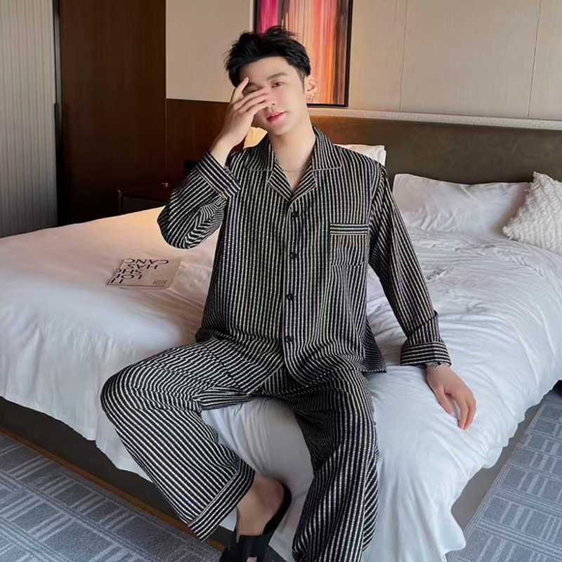 春秋夏季男士睡衣长袖长裤开衫加肥大码条纹显瘦休闲家居服套装