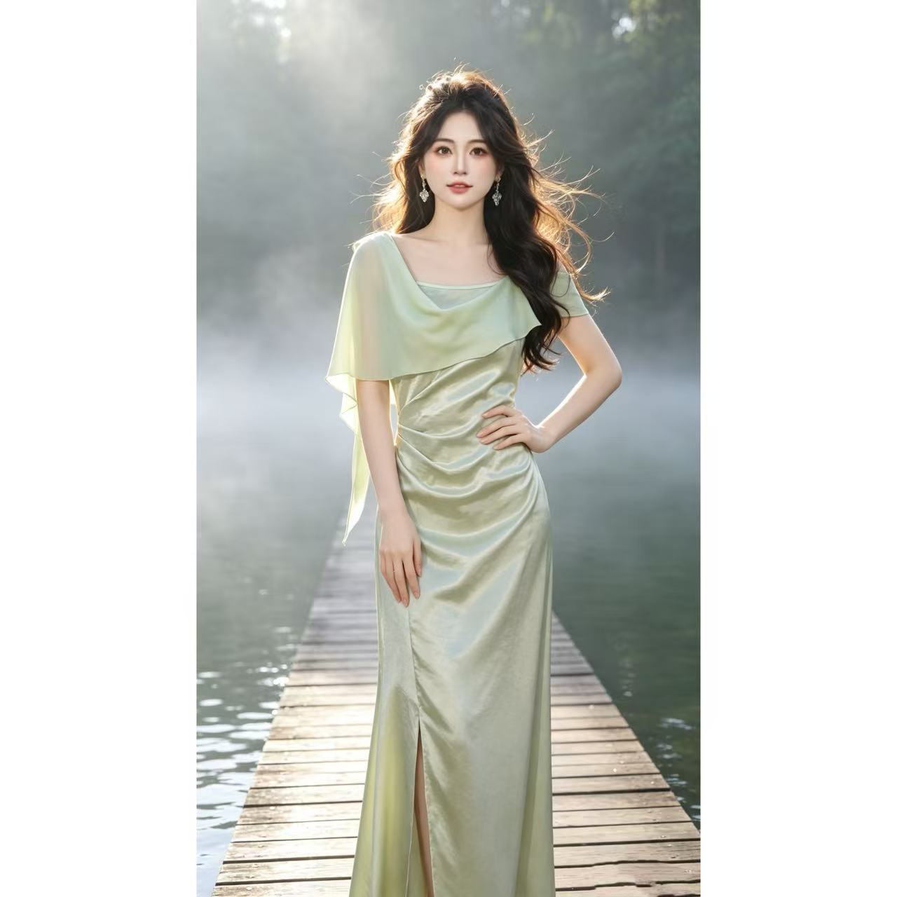 瑞瑞定制【花西子】绿 侧拉链 2026夏季女装时尚气质连衣裙D8166