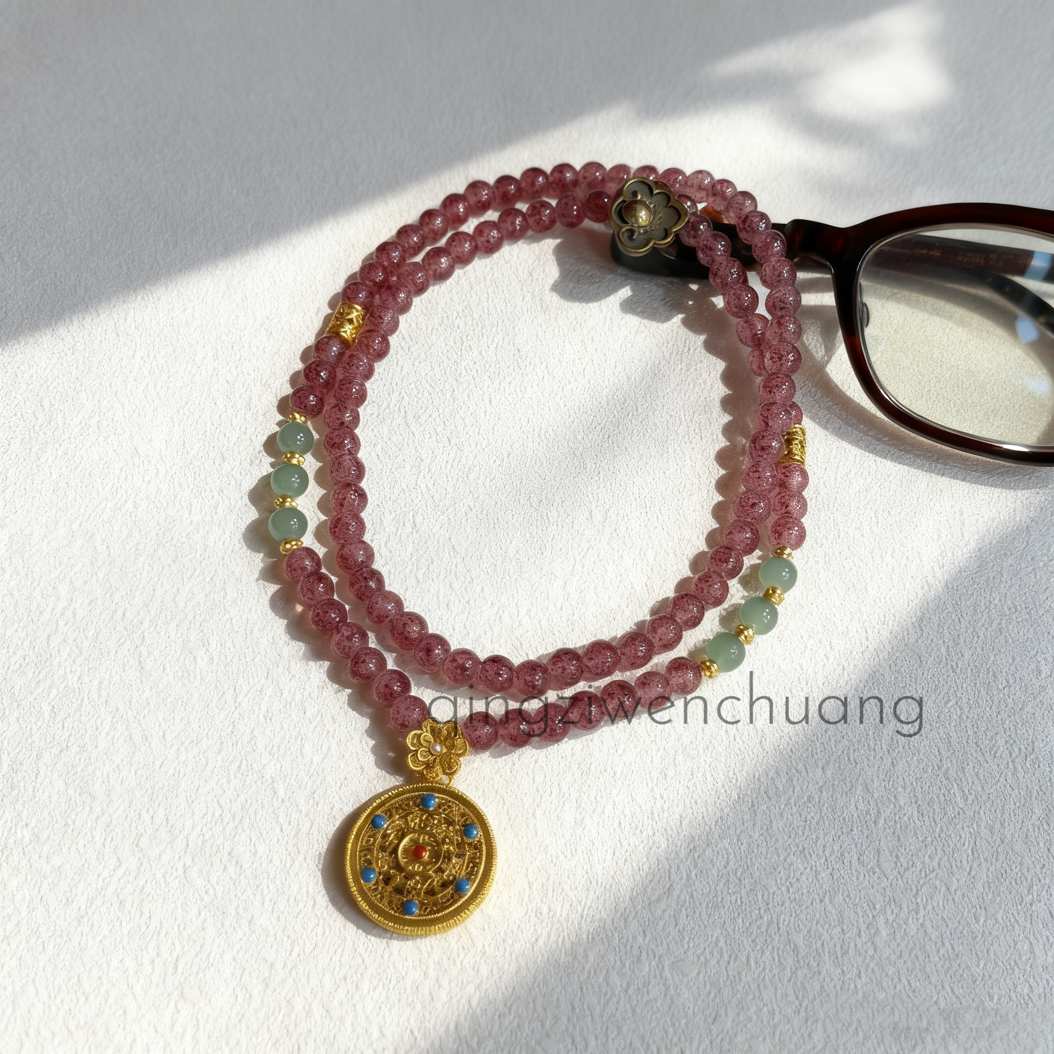 合金琉璃项链 DL- 1316-琉璃项链-草莓色晶五福圆满项链