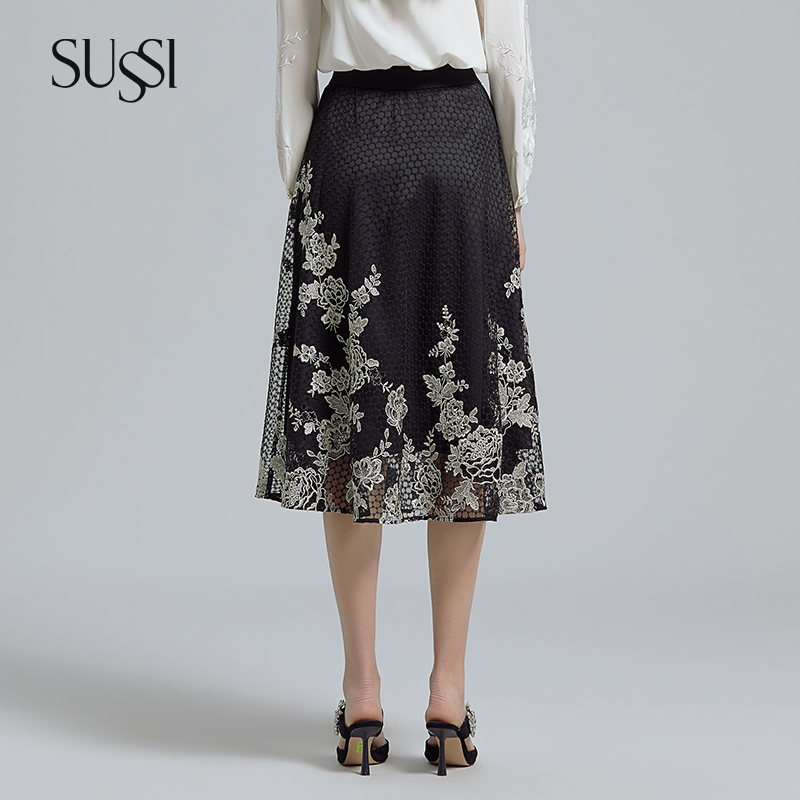 古色SUSSI【官店】游逸芳踪黑金定位绣花气质轻奢摆裙