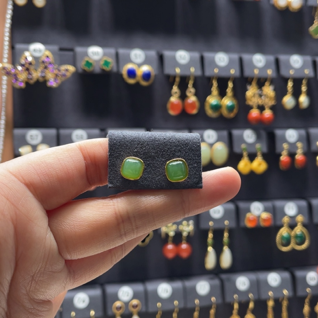 和田玉银S925镶嵌耳饰03号碧玉方糖