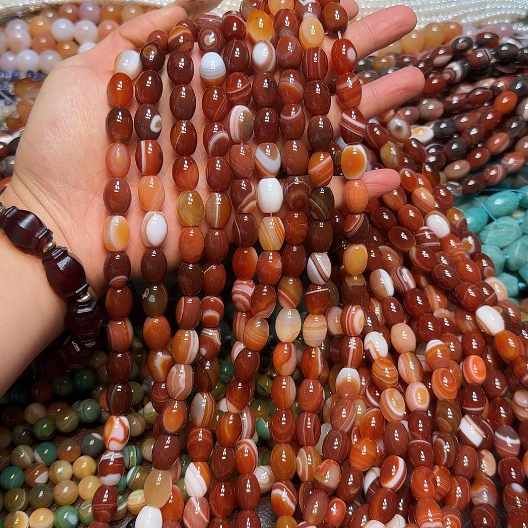 玛瑙/玉髓合金珠宝半成品10✖️14mm红玛瑙线条枣珠一条