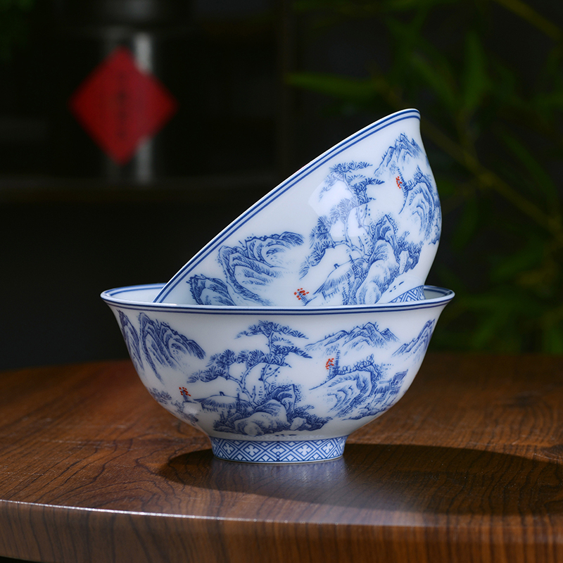 正宗景德镇青花高温陶瓷米饭碗汤面碗中式家用加厚陶瓷餐具山水碗