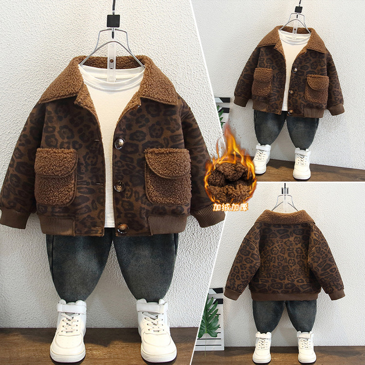 男童加绒豹纹外套2025冬季新款韩版儿保暖上衣中小童秋冬外套