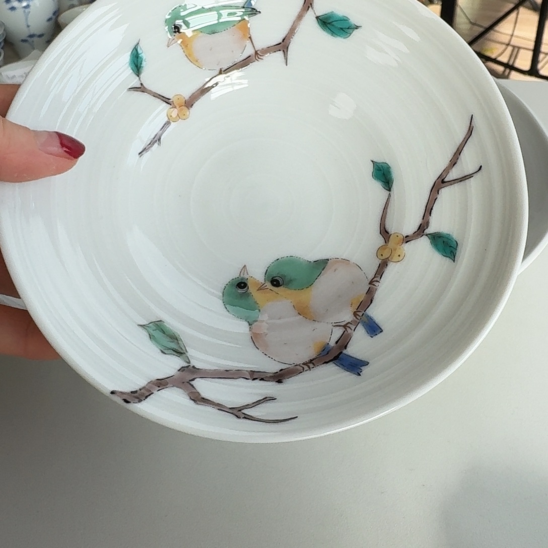 瓷片九谷烧绣眼鸟15.5厘米圆盘