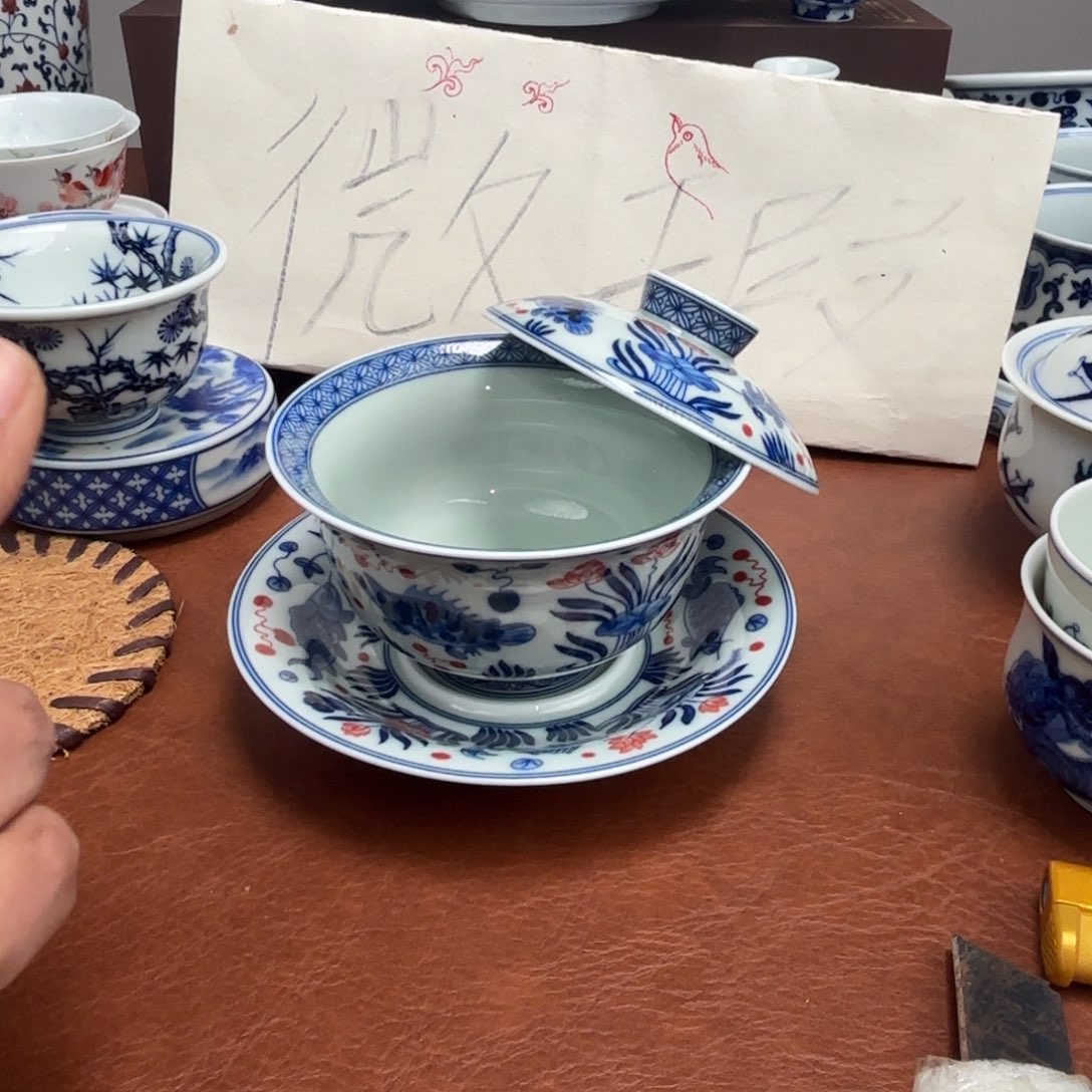 摆件陶微瑕鱼藻纹三才盖碗景德镇发货