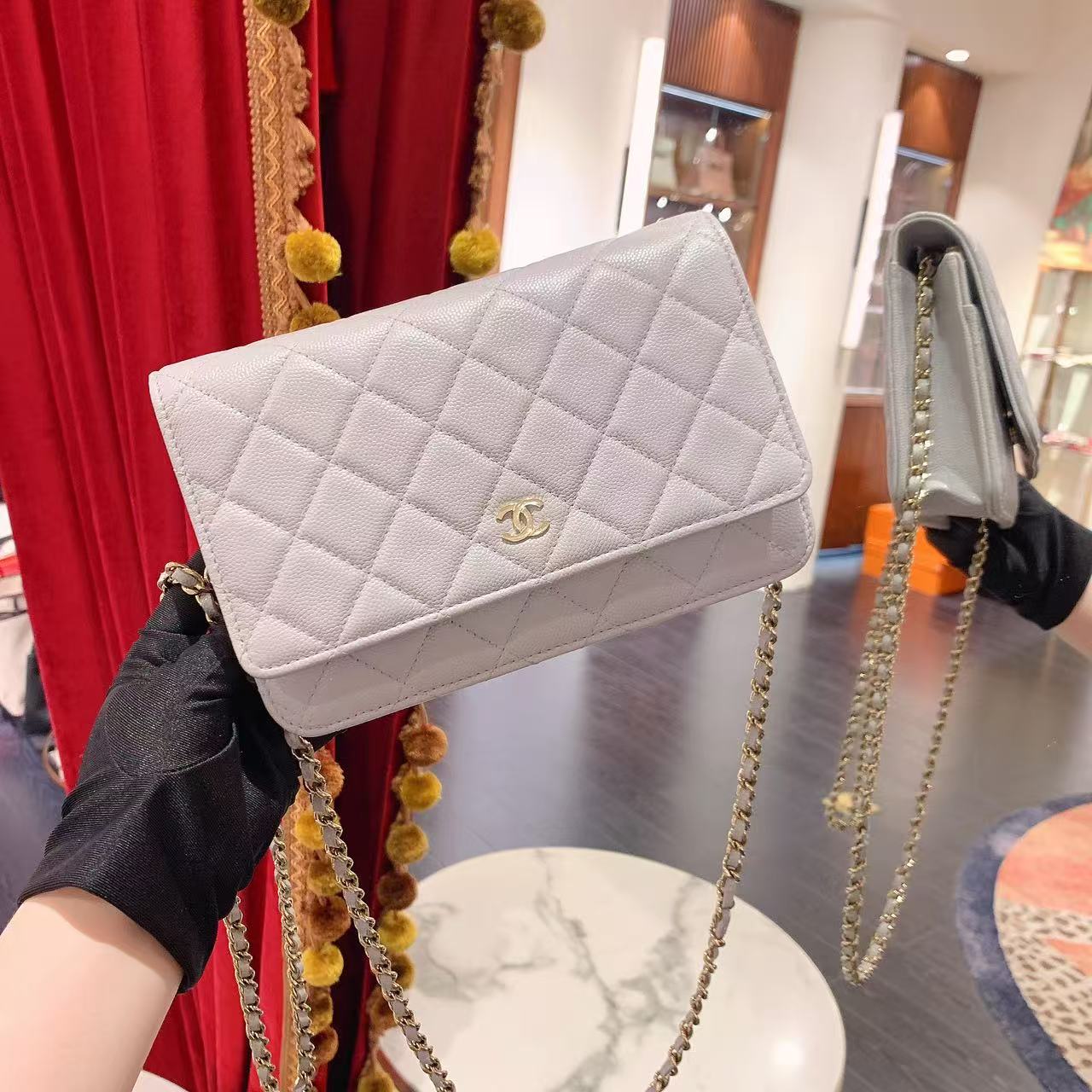 95新 Chanel/香奈儿 GGS发财woc灰色金扣荔枝牛皮单肩包63372079