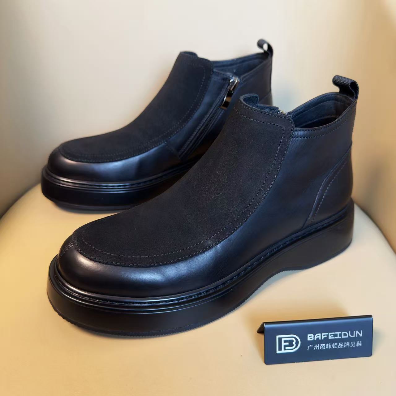 广州手工男鞋秋冬绵羊毛保暖厚底切尔西男鞋防滑耐磨轻062-13