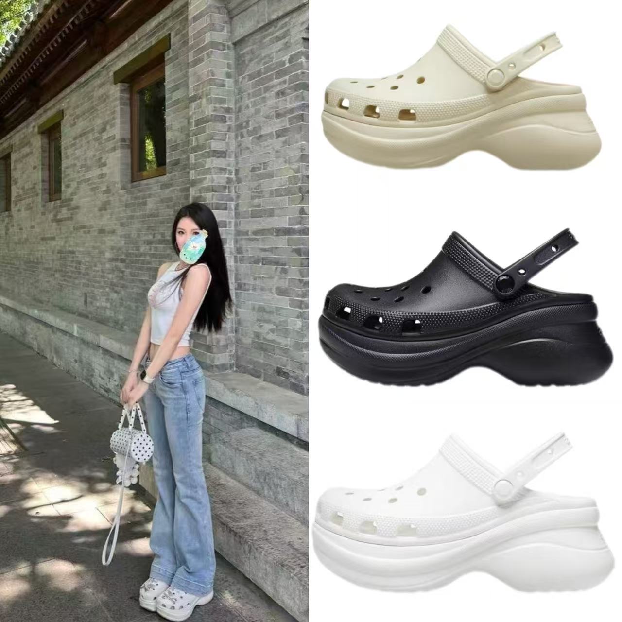 鲸鱼洞洞鞋夏季蹬凉鞋高品质Y单厚底高跟6CM女沙滩休闲涉水鞋