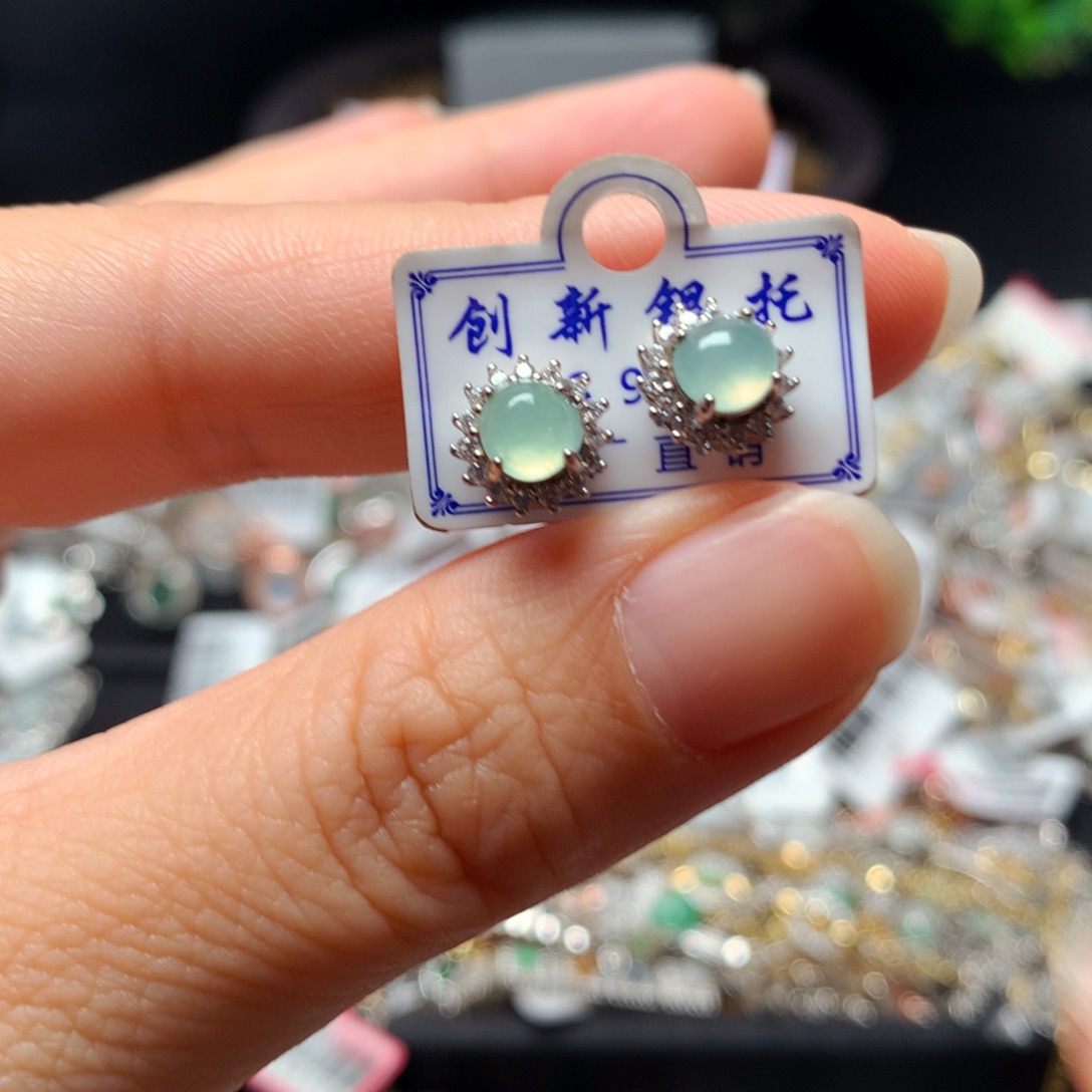 翡翠戒指银S925镶嵌天然翡翠耳饰