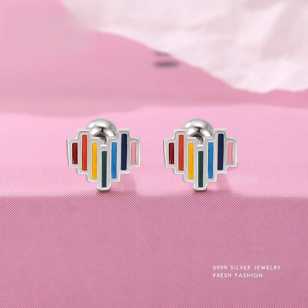 足银耳饰 999纯银彩虹爱心耳钉拧螺丝甜美小清新耳环2025新款耳饰