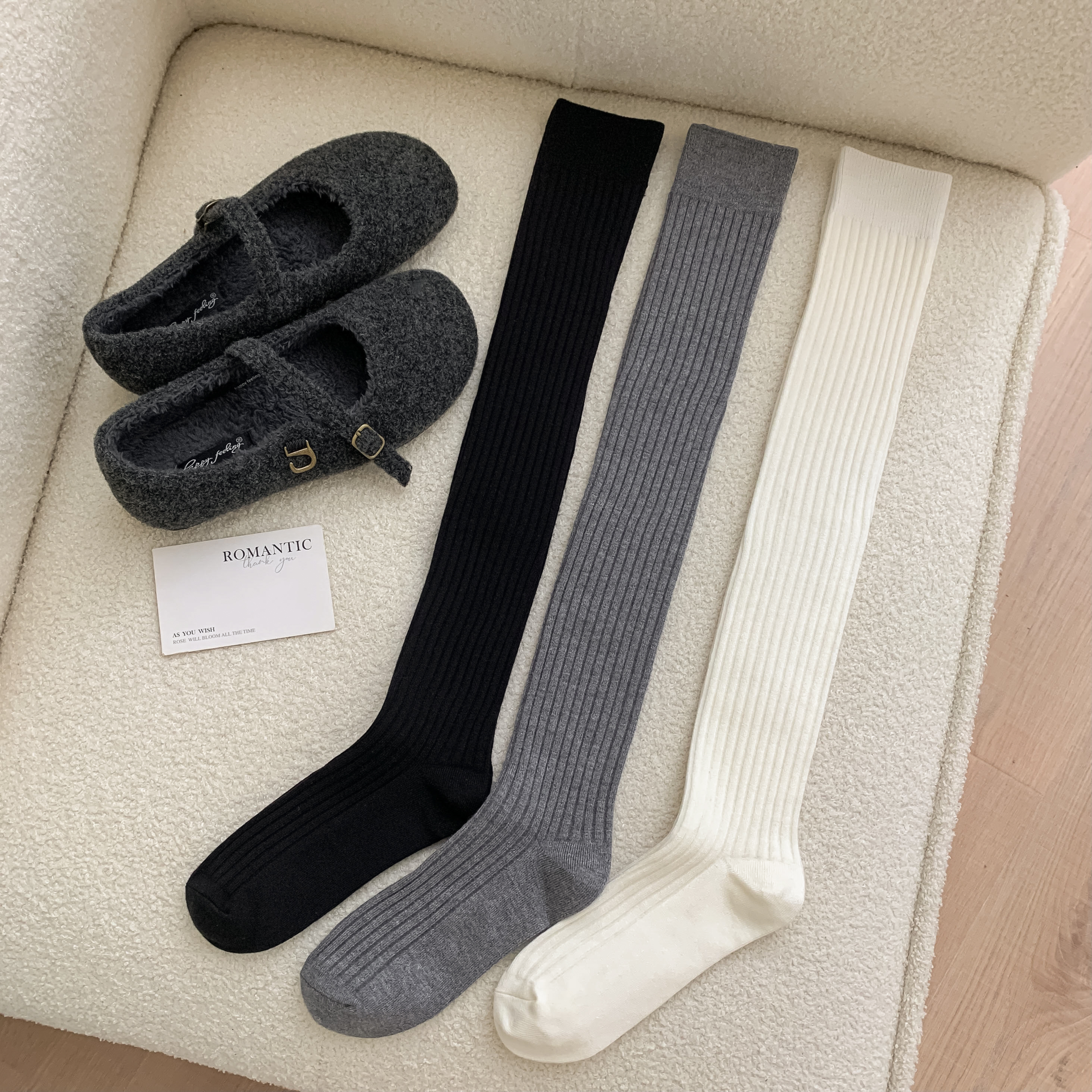 【cici socks】秋冬ins风简约百搭纯色棉袜竖坑条美腿高筒过膝袜